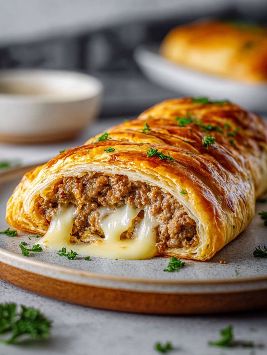 Einfache Schnelle Hackfleisch-Käse Blätterteig Rolle – Knusprig image 2