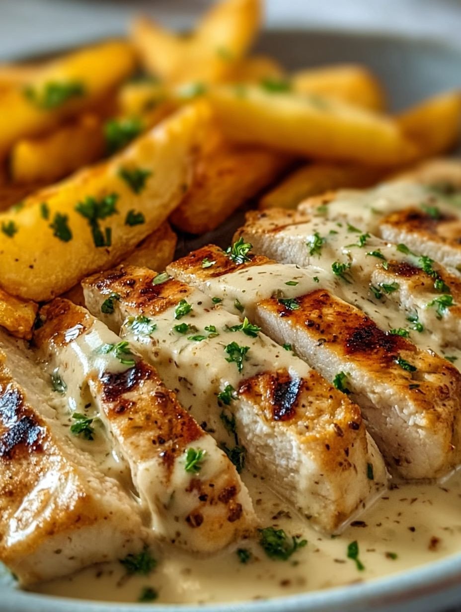 Hähnchenfilet cremiger Knoblauchsauce & knusprige Airfryer Kartoffeln | Schnell image 2