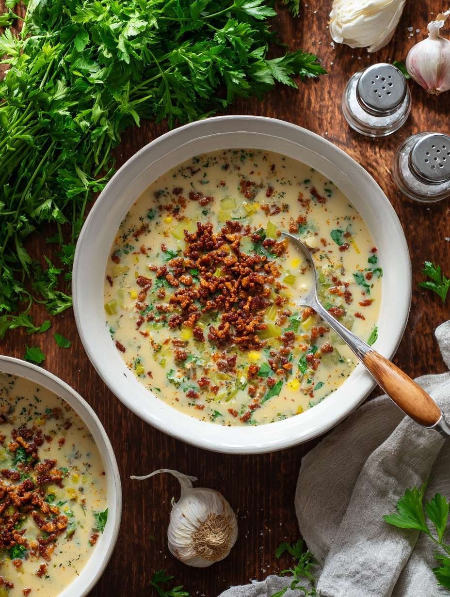 Die cremigste vegane Lauchsuppe mit Sojahack-Crunch. image 2