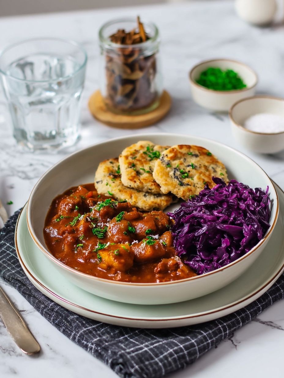 Herzhaftes veganes Gulasch mit knusprigen Puffern. image 2
