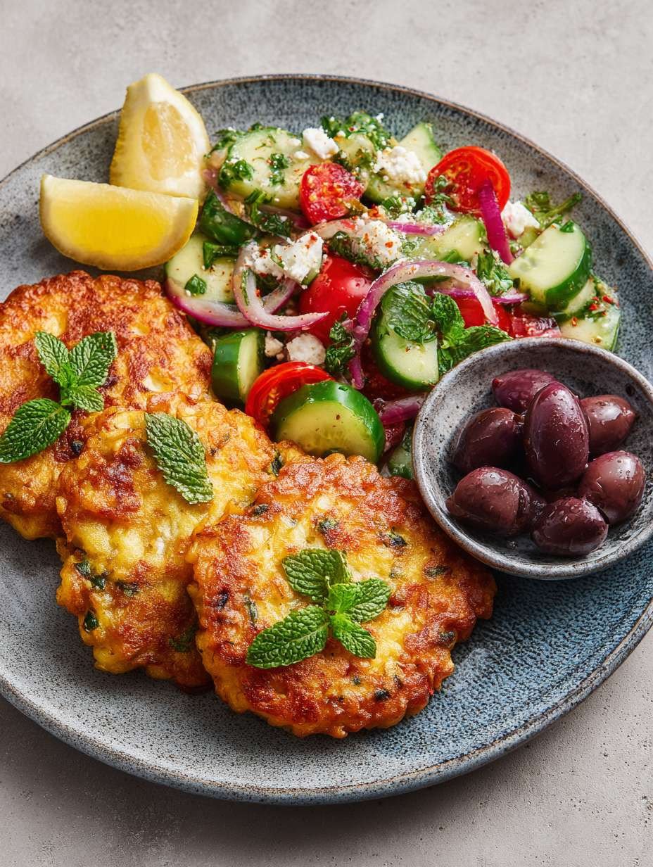 Knusprige Kartoffel-Feta-Puffer mit frischem Gurkensalat. image 2